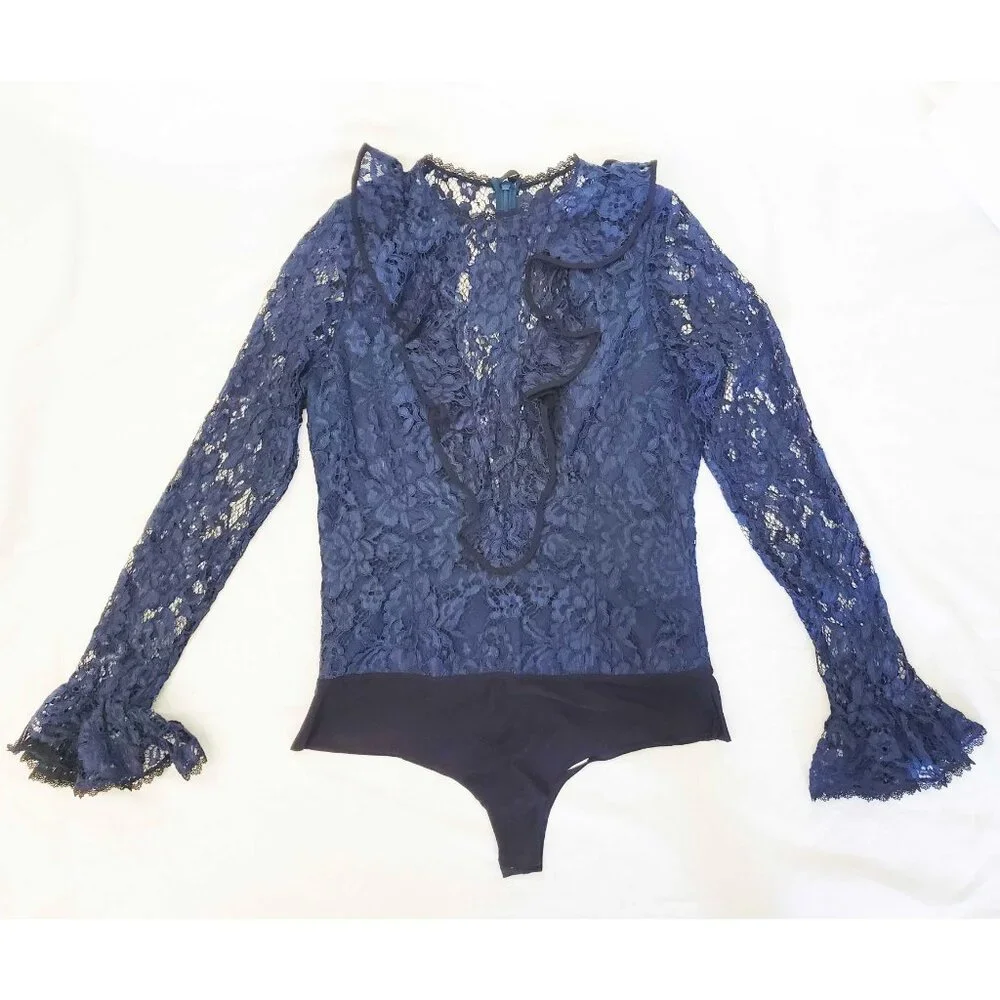 Alexis Womens Pollie Illusion Voulant Bodysuit Lace Top Blouse Navy - NWT M